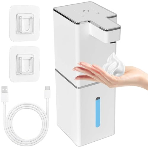 Dispensador Jabón Baño Automático, 380 ml Dispensador Jabon Cocina con Sensor Movimiento por Infrarrojos, Pared, Recargable por USB, Resistente al Agua IPX5, Adecuado para Cocina, Baño, Hotel (Blanco)