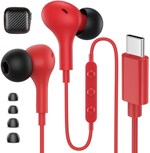 USB C Headphones for Samsung S25 S24 FE S23 Ultra A16 A17 A56 A36 iPhone 17 16 15 Pro Max Plus Earphones,Wired Earbuds In Ear Type C Headphones with Mic Volume Control for iPad Pro Pixel 9 10 Pro,Red
