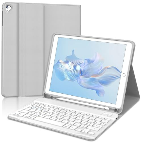 Coque Clavier pour iPad 6e/5e Génération 9.7 Pouces, AZERTY Français Housse Clavier Bluetooth Magnétique Détachable avec Porte Crayon pour iPad 2018/2017 9.7, Air 2/1, Pro 9.7 2016, Gris Clair