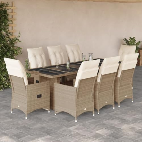 Ensemble bistro de jardin 9 pièces avec coussins beige en polyrotin - Fauteuil de relaxation réglable - Grande table à manger en verre trempé pour patio, balcon, terrasse, meubles d'extérieur