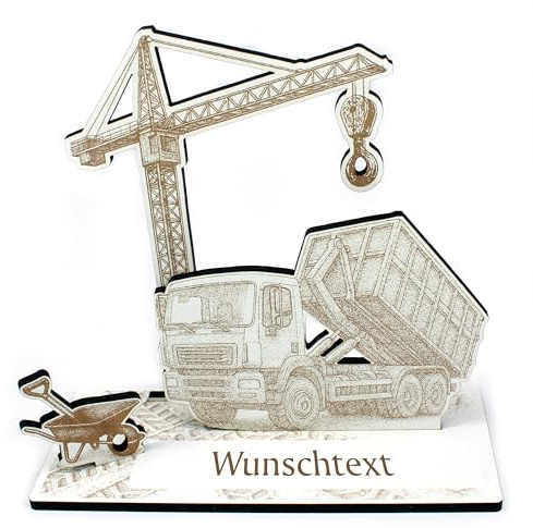 DEKOLANDO Geldgeschenk Aufsteller „LKW-Kipperfahrer“ – Geschenk LKW-Kipper, Kran & Schubkarre – weiß Gravur, 18×19×8 cm – personalisierbar, Geschenkidee für Bauarbeiter & Handwerker