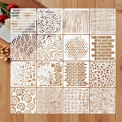 KLINNA 16 Stück Strukturschablonen zum Basteln, DIY Zeichenschablonen Set, Wiederverwendbare Strukturschablonen aus Kunststoff für Kunsthandwerk Scrapbook Wanddekoration & Malschablonen