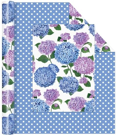 WERNNSAI Hydrangea Wrapping Paper Blue Floral Wrapping Paper for Girls | 1 Roll 43cm x 10m Flower Gift Wrap for Women Birthday Purple Bridal Shower Present Packing Decoration with Dot Design