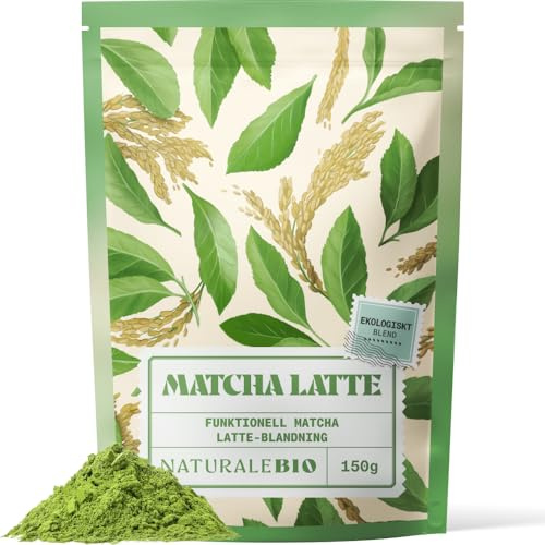 NaturaleBio Organic Matcha Latte Protein Powder Blend | 150 g. Milk-free matcha blend with rice protein, inulin and MCT, for lattes, smoothies and drinks.