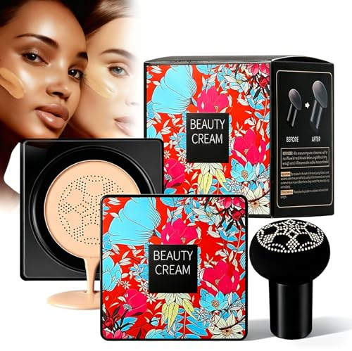 Mushroom Head CC Creme Fond de Teint Couvrant BB Creme, Air Cushion Naturel 02 Hydratant Waterproof, Fond de Teint Liquide Longue Tenue pour Maquillage Naturel et Correction du Teint(Naturelle)