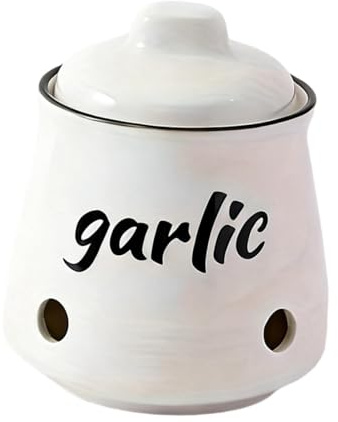 Sharplace Ceramic Garlic Keeper with Lid, Simple Style Compact Garlic Storage Pot with Air Vent to Keeps Fresh Sturdy Spice Countertop Storage Organizer Jar for Home Kitchen, White