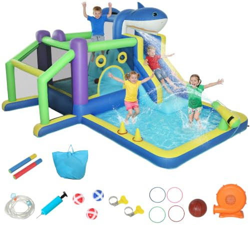 AIYAPLAY 8 in 1 Grande Castello Gonfiabile Bambini 3-8 Anni 405x345x235cm | Scivolo Trampolino, Piscina, Arrampicata, Tubo Acqua, Canestro, Porta Calcio, Soffiatore, Tema Squali, Borsa, Interni Esterni