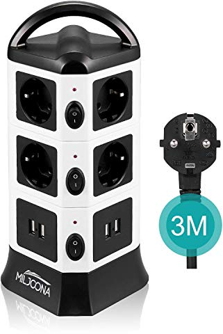 Multiprise USB avec 10 Prises Electrique et 4 Ports USB, Tour Multiprise Parasurtenseur Parafoudre, 2500W/10A, 3M Câble, Noir et Blanc