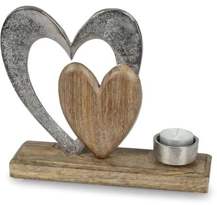 formano Geschenke zum Valentinstag Dekorative Herz-Skulptur als Teelichtleuchter 20x23cm eine Kombination aus silbernem Aluminium und Mangoholz