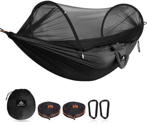 NATUREFUN Ultra-Light Reisecamping Hängematte Moskitonetz Hängematte | 300 kg Tragkraft, atmungsaktiv Schnelltrocknendes Fallschirm-Nylon | 2 Premium Karabiner, 2 Nylonschlingen inklusive Schwarz