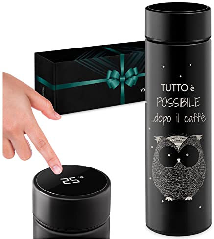Maverton Thermos per Tè e Caffè - 450 ml - incisione personalizzata - acciaio inossidabile - 100% a prova di perdite - indicatore di temperatura - regalo Donna - gufo
