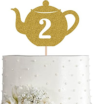 Teapot 2 Cake Topper, Gold Glitter Tea 2nd Birthday Party Decoration, Supply