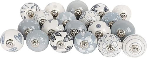 Shah Crafts. Grey and White Ceramic Door Knobs, Set of 10 Premium Quality Assorted Designs Handmade Vintage, Shabby Chic, Interior Furniture, Cabinet Cupboard Wardrobe Drawers Pulls Handles