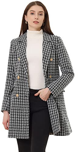 Allegra K Manteau en Tweed Femme Caban à Carreaux Vintage Blazer Long à Revers Cranté Élégant Trench Coat d'Hiver Manteau à Double Boutonnage de Bureau Noir M