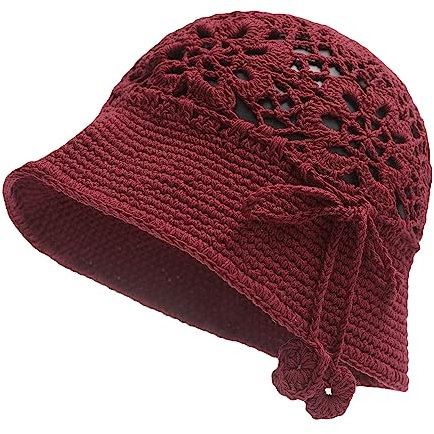 ZLYC Damen Sommer Baumwolle Handgemachte Stricken Fishermütze(Gehäkeltes Burgund)