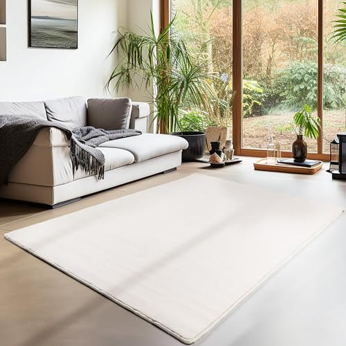 Teppium Waschbarer Teppich Wohnzimmer, Kurzflor rutschfest Flauschig Weich, Einfarbig Creme, Felloptik, Super Soft, Grösse 140 x 200 cm