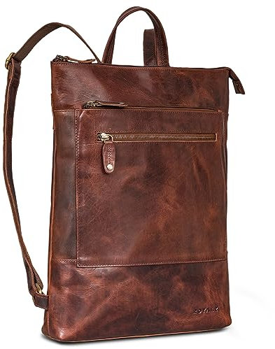 ROYALZ 'Orlando' Mochila Portatil Hombre y Mujeres Elegante de Cuero 15,6 pulgadas Mochila de Negocios con Muchos Compartimentos y Piel Auténtica Vintage, Color:Roma Coñac Marrón