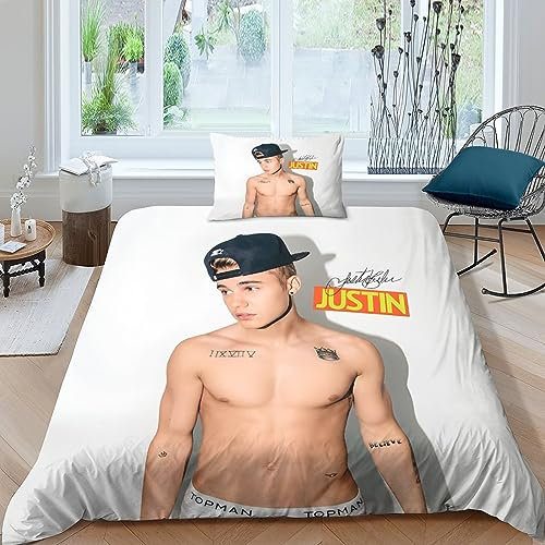 Justin Bieber Bettbezug Set Bettwäschegarnitur Für Kinder Mädchen Jungen 3D Gedruckter Und Kissenbezüge Reissverschluss Bettwäsche Weich Microfaser 2 teilig Single(135x200cm)