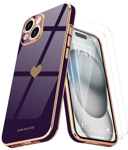 Teageo für iPhone 15 Hülle+2 Schutzfolie Herzmuster, DunklesLila | Mädchen Stilvoll Galvanisierte Schutzhülle Weich TPU Phone Case