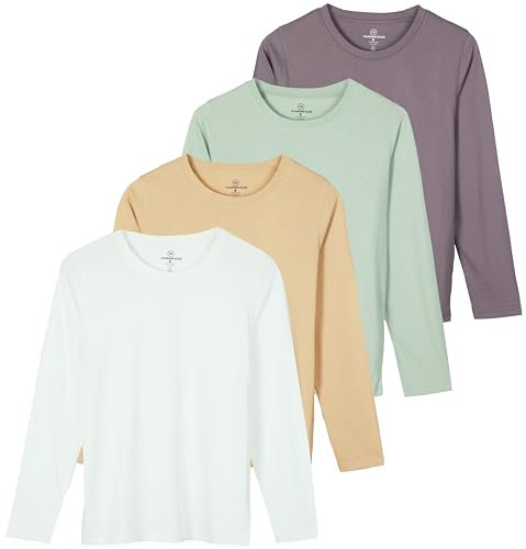 Real Essentials 4 Pack: Women's Cotton Classic-Fit Long-Sleeve Crewneck T-Shirt (Available in Plus Size), Set 1, S