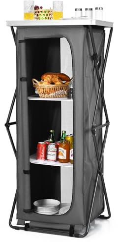 SPOTRAVEL Folding Camping Storage Cabinet, Portable Travel Storage Unit with 3 Compartments, Side Pockets & Carry Bag, Indoor Outdoor Pop-Up Cupboard for BBQ Party Picnic