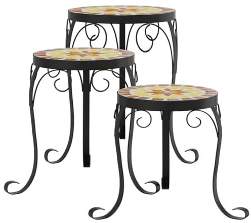 vidaXL 3-Piece Terracotta/White Mosaic Plant Stand Set - Durable Ceramic Top, Sturdy Iron Frame, Indoor/Outdoor Planter Tables, Home & Garden Decor