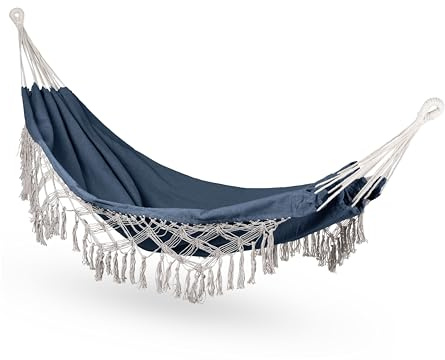 Boho Hängematte XXL 197x150 cm, Baumwolle, 200 kg, Blau | bis 200 kg, Outdoor Doppelhängematte für 1-2 Personen, aus Baumwolle im Boho-Stil für Garten, Balkon, Terrasse
