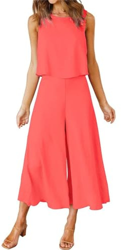 Agiyenna Completi da Donna in 2 Pezzi Due Pezzi Estivi Girocollo Senza Maniche Canotta + Pantaloni a Gamba Larga a Vita Alta Completo per Il Tempo Libero Completi in Tinta Unita Set da 2 Pezzi