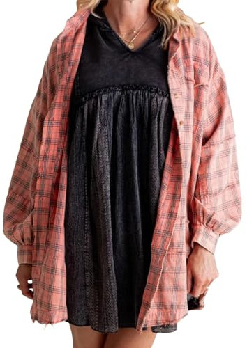 Flannel Shirt Women, Womens Flannel Shirts Long Sleeve, Oversized Flannel Shirts for Women, Womens Plaid Jacket (Pink,XXX-Large)