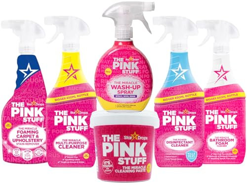 Pink Stuff Cleaning Bundle, 6 Items: Carpet & Upholstery Cleaner 500ml, Multi-Purpose Cleaner 850ml, Miracle Wash-Up Spray 500ml, All-Purpose Paste 850g, Disinfectant 850ml, Bathroom Cleaner 850ml