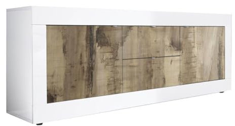 OTELLO - Buffet Bas 2 Portes 2 Tiroirs Finition Blanc Laqué et Aspect Bois Antik