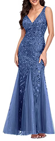Festliche Kleider Damen Abendkleid Damen-Fischschwanz-Abendkleider, Bestickt, Ärmellos, Mit V-Ausschnitt, Hochzeit, Brautjungfer, Abend, Langes Maxikleid, Festliche Kleider Für Hochzeit Damen