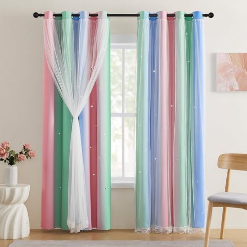 XiDi Kurze Vorhänge für Mädchen, Schlafzimmer, Dekoration, Kinder, Verdunkelungsvorhänge für Kinderzimmer, verdunkelnd, Regenbogenprinzessin, Einhorn, Wandaufkleber, kleines Mädchen, Rosa, Grün, Blau