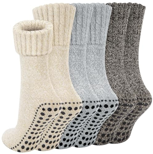 3 Paare Rutschfeste Stoppersocken Damen Herren, Winter Wollsocken Warm Slippers Hausschuhsocken Atmungsaktive, Pilates Yoga-Socken Geschenke für Damen Herren Unisex EU36-41