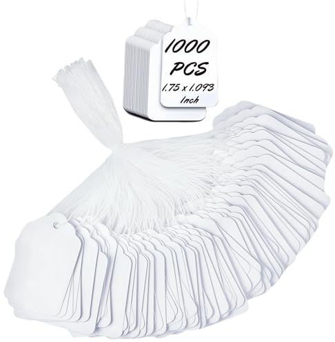 1000 PCS Pre-Strung Price Tags with String, White Paper Label Tags for Garage Sale Jewelry Clothing Retail, 1.75 x 1.093 Inch