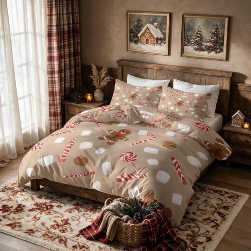 Generisch 220x240 Bettwäsche Weihnachten Bettbezug - 3tlg, 2 Kissenbezug 80x80, Lebkuchenmann Muster, Schlafzimmer Deko, Weiche Mikrofaser Wendebettwäsche mit Reißverschluss - OI494