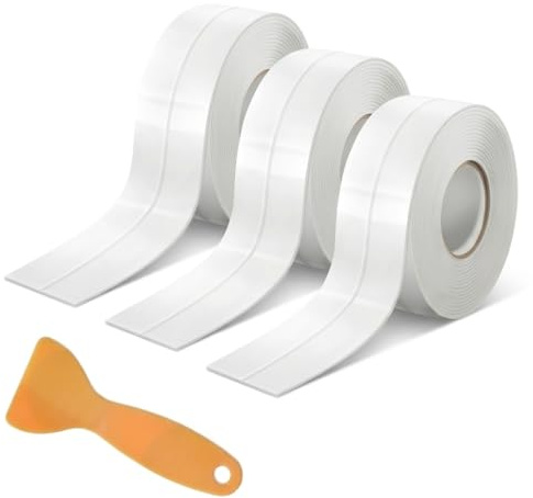 3 Rolls Bath Sealant Strip, Anti Mould Sealant Tape, Waterproof Sealing Tape, White Self Adhesive Caulk Strip for Toilet, Kitchen, Bathtub, Sink, Wall Corner, with Sealing Tool (3)