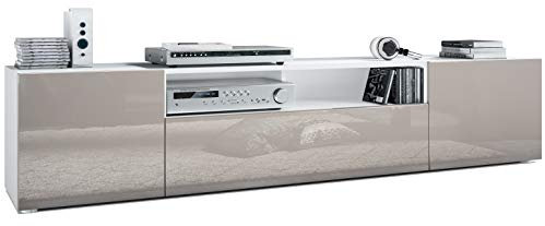 Vladon Lowboard Mogan, TV-Kommode mit 2 Türen, 1 Klappe und 1 offenes Fach, Weiß matt/Sandgrau Hochglanz (181 x 39 x 35 cm)