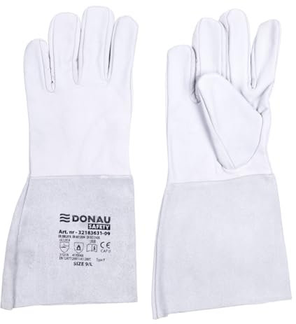 DONAU SAFETY Guante de soldador de piel de cabra para soldadura TIG/talla 11, 1 par/softouch, muy suave y cómodo/guantes de trabajo/cuero/guantes de cuero/guantes de protección/blanco/gris