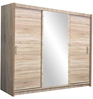 Furniture24 Kleiderschrank MONAKO Schlafzimmer 3 Türiger Schwebetürenschrank Schrank mit 2 Kleiderstangen 8 Einlegeboden Spiegel und 2 Schubladen Schiebetür Sonoma Eiche