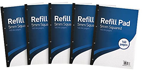 Sumit Lot de 5 blocs de recharge A4 quadrillés 5 mm 160 pages