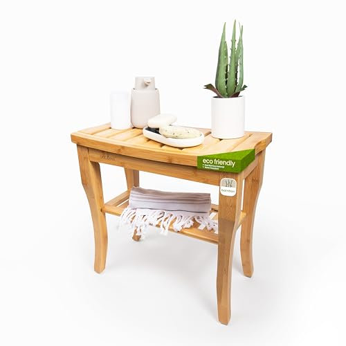DECOMIL - Tabouret de douche et banc de douche en bambou de qualité supérieure avec étagère de rangement (style banc de 48,3 cm)