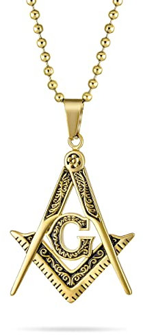 Bling Jewelry Schwarz oxidiert Große Freimaurer Geheimgesellschaft Quadrat & Kompass Freimaurer Symbol Anhänger Halskette für Männer Vergoldeter Ton Edelstahl mit Perlenkette