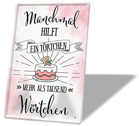 Blechschild mit Montage Set - Metallschild für Kuchen und Torten Genießer - Vintage Retro Deko Schild für Küche Esszimmer Cafe Bäckerei Konditorei - Geschenkidee Backfans Hobbybäcker - 20x30cm