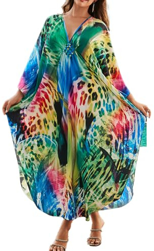 LikeJump Women's Bohemian V Neck Kimono Maxi Swimsuits Kaftan Bikini Cover Ups Summer Beach Dress Tops