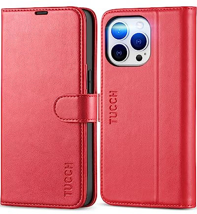 TUCCH Leather Wallet Case for iPhone 13 Pro (6.1) 2021 5G, PU Magnetic Protective Flip Folio Case Cover with RFID Blocking[Shockproof TPU] Card Slot Viewing Stand Compatible with iPhone 13 Pro, Red