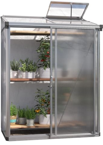 GFP Anlehngewächshaus 151x77 cm, Adena 12 Aluminium, ca. 10 mm Polycarbonat | Stabiles Aluminium-Gewächshaus - langlebige, extra dicke ca. 10 mm Polycarbonatplatten - Einfachschiebetür
