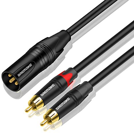 DREMAKE 3 Foot Male XLR 3-Pin to Double RCA Male Y-Splitter Audio Patch Cord, XLR Male to Dual RCA Plug Stereo Adapter Cable, Dual RCA to XLR Male Interconnect Microphone Cable for Home Audio System