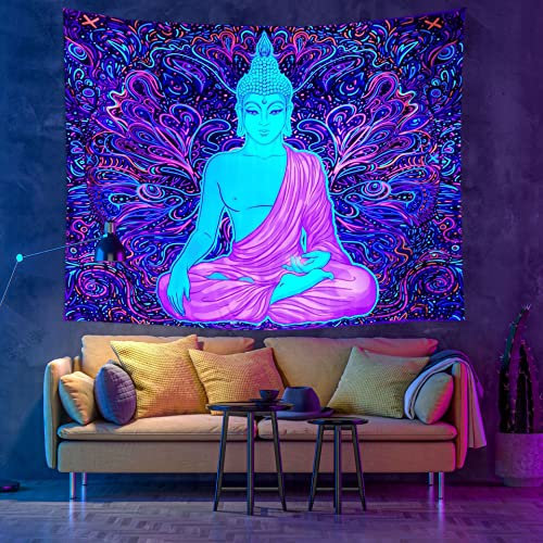 Lsimeru Buddha Wandteppich Buddhismus Leuchtet im Dunkeln 150x130 Wanddeko Wandtücher UV Yoga Lotus Indisch Hippie Wandteppich Wandbehang Wandtuch für Schlafzimmer Wohnzimmer