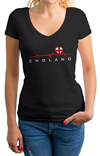 GR8Shop Football Heartbeat England World Cup 2022 Women's V-Neck Black Shirt Size XL
